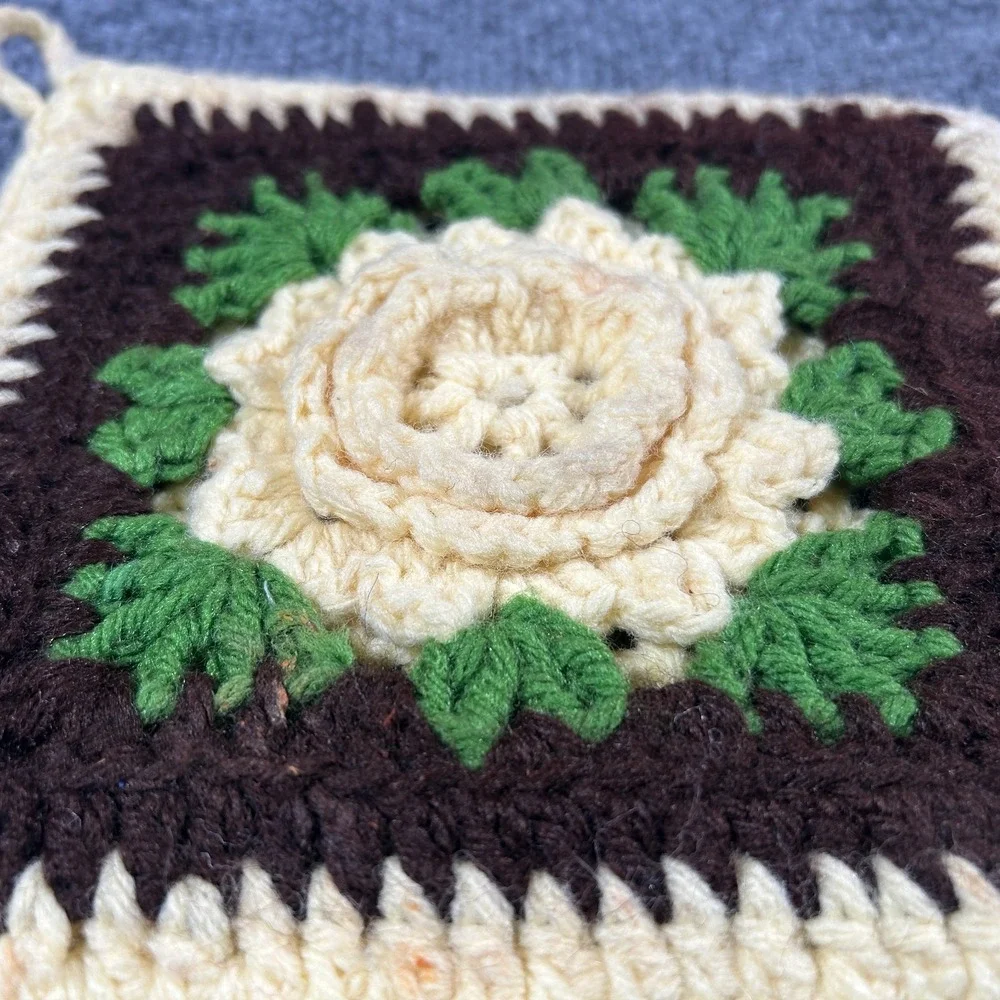 Vintage Set Of 4 Handmade Crocheted 3D Rose Potholders Irish Cabbage Grandmacore